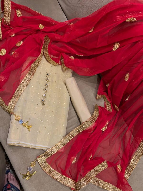 simple white dress with red dupatta