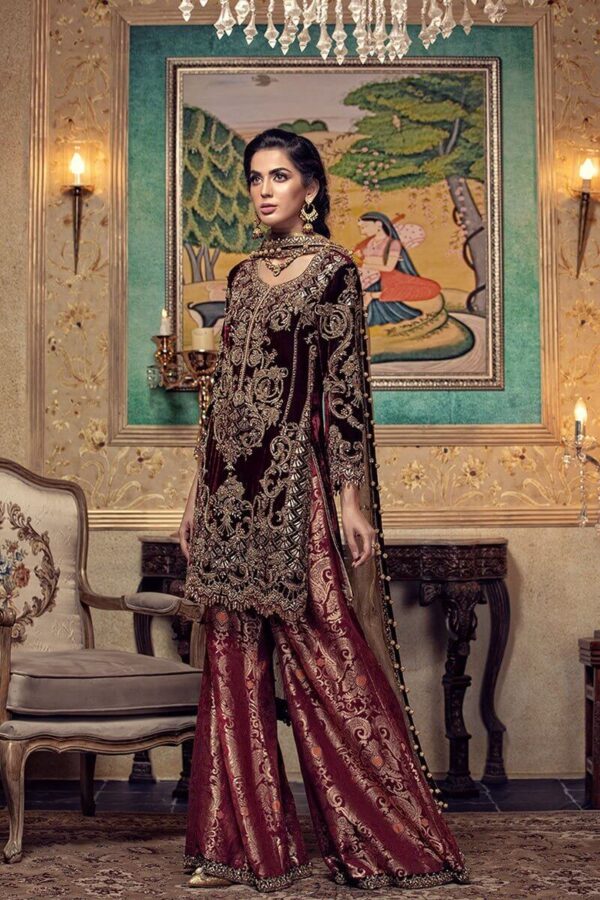 Maria B Maroon Embroidered Velvet Dress Replica - Master Replica Pakistan