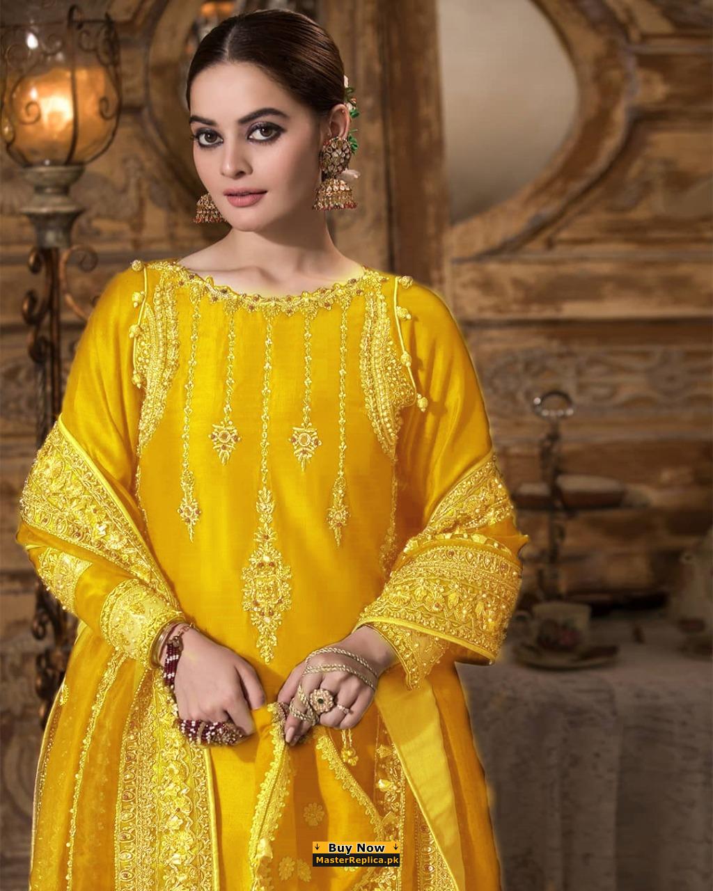 Royal Pakistani Yellow Dress for Mehndi Function Online – Nameera by Farooq