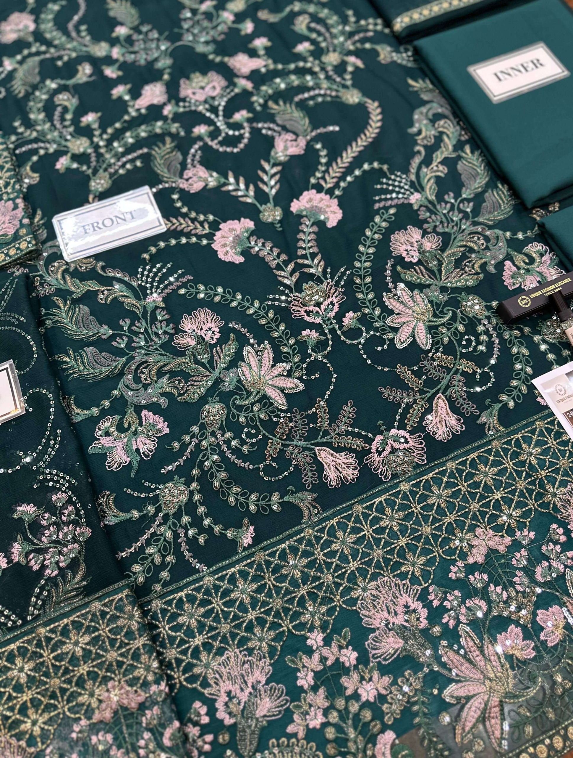 Laavish Bottle Green Semi Pure Chiffon Replica - Image 4