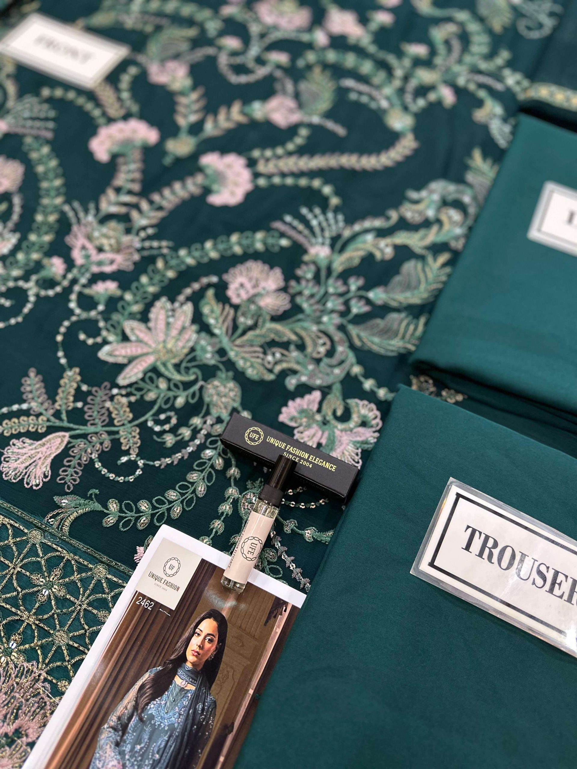 Laavish Bottle Green Semi Pure Chiffon Replica - Image 3