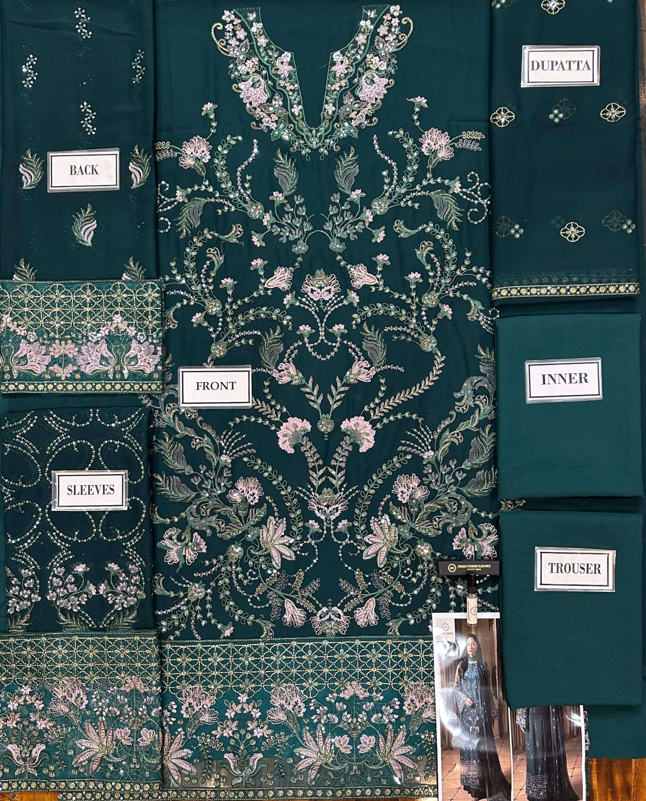 Laavish Bottle Green Semi Pure Chiffon Replica - Image 2