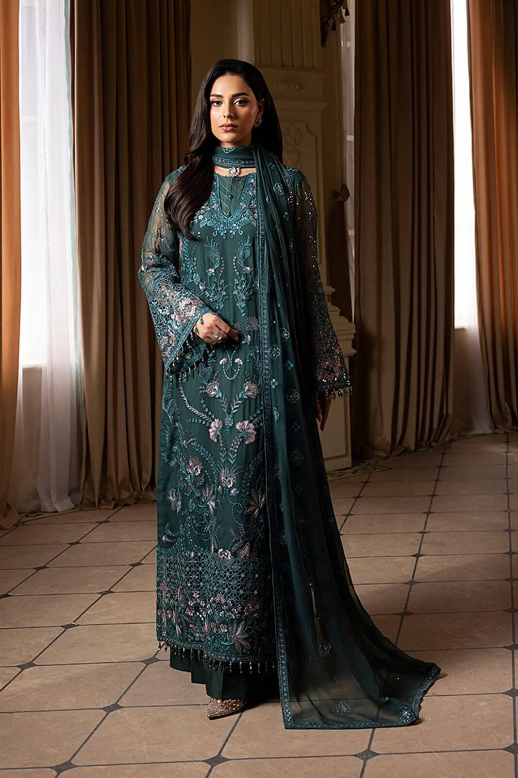 Laavish Bottle Green Semi Pure Chiffon Replica