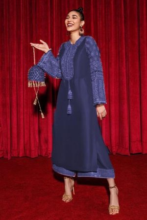 Hussain Rehar Royal Blue Formal Silk Replica