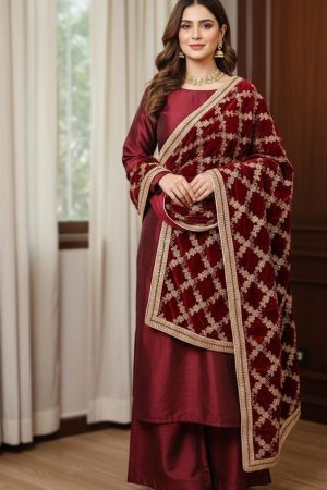Party Wear Maroon Velvet Shawl