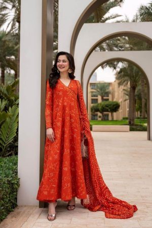 Faiza Saqlain Orange Lawn Maxi Replica
