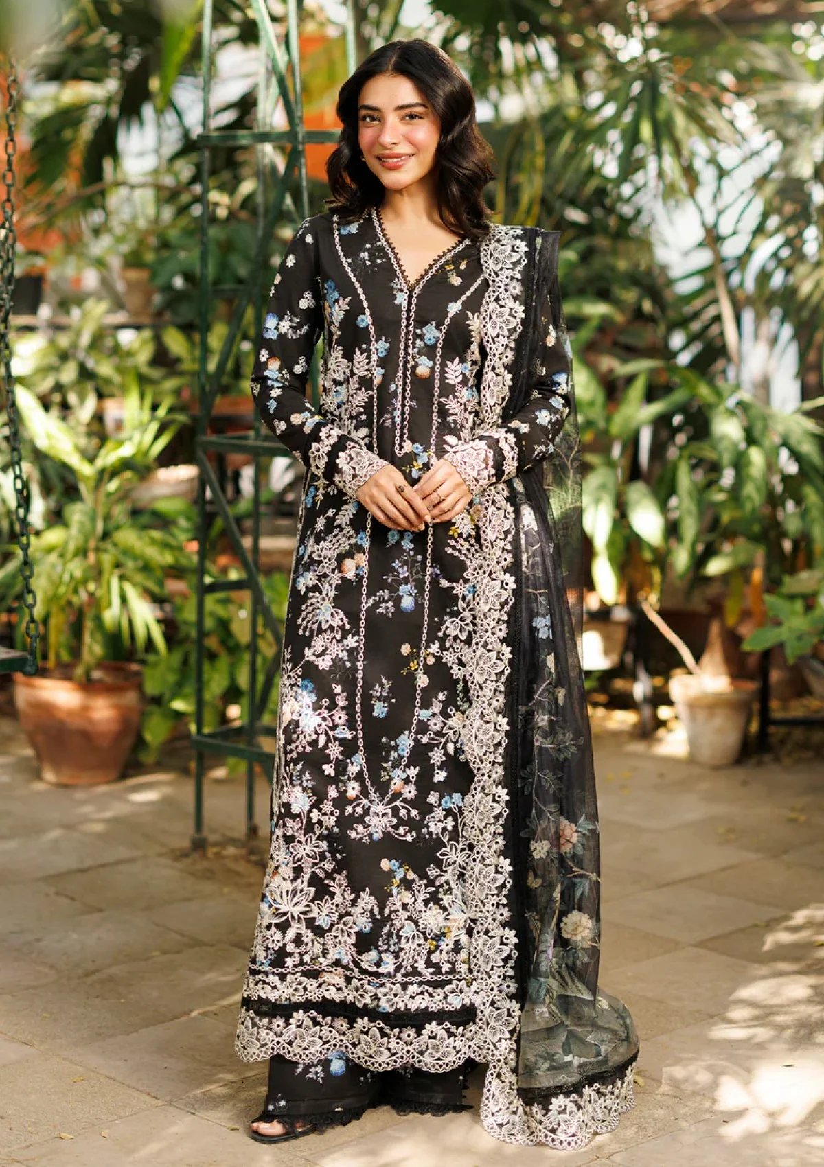 Afrozeh Black Floral Lawn Replica